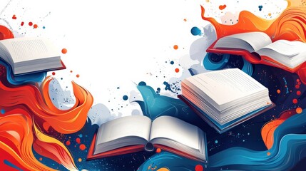 Vibrant Abstract Background Featuring Open Books with Colorful Waves and Splashes for Creative and...