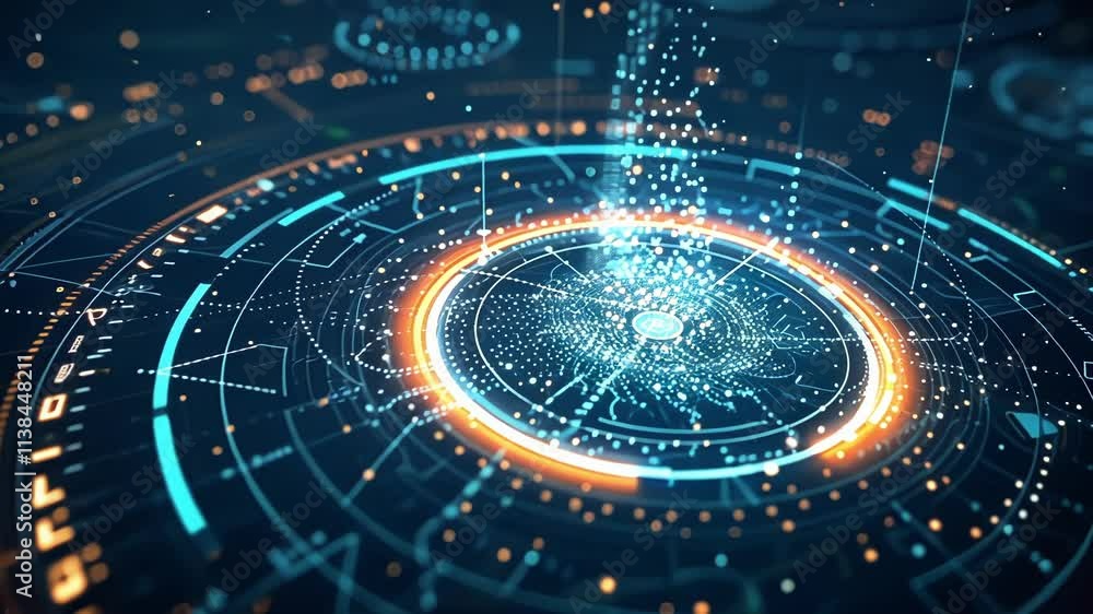 Poster futuristic hologram showing rotating circles and data flowing, representing advanced technology, inn