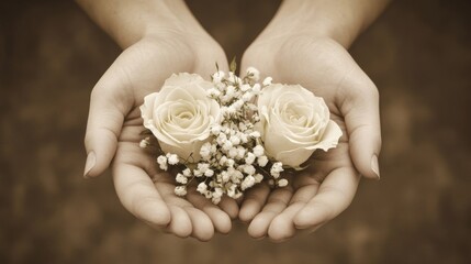 Hands gently cradling two roses and babys breath