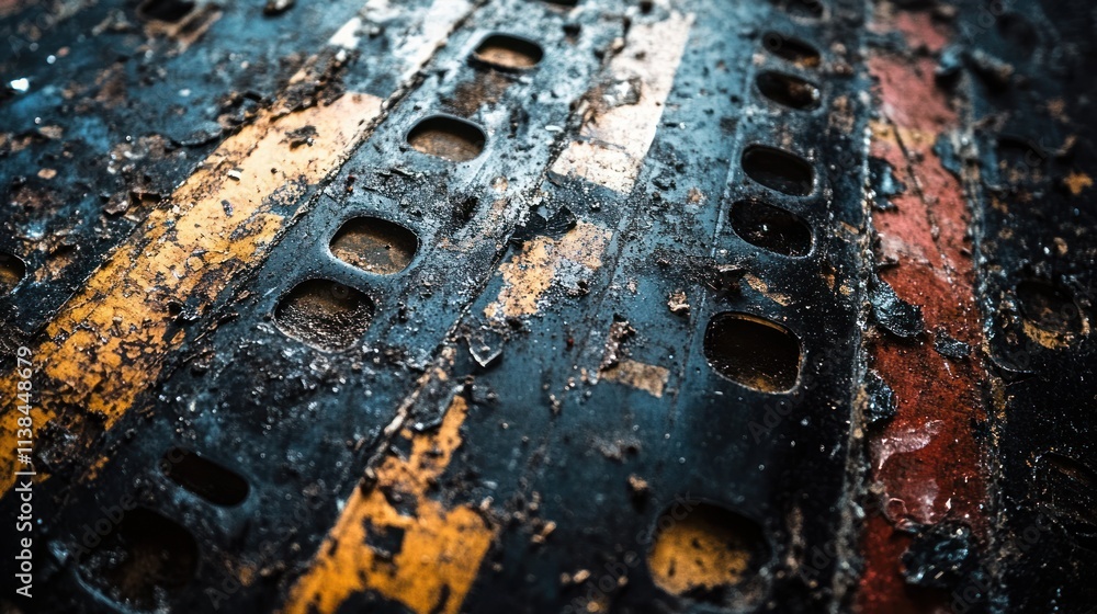 Poster Close-up of a weathered surface with rust and peeling paint in various colors.