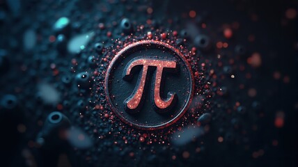 Pi symbol shining over dark abstract surface with red particles