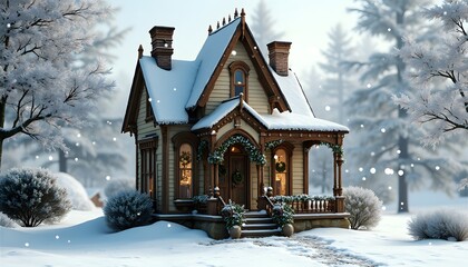 Cozy Winter Cottage  Snow Scene  Christmas House