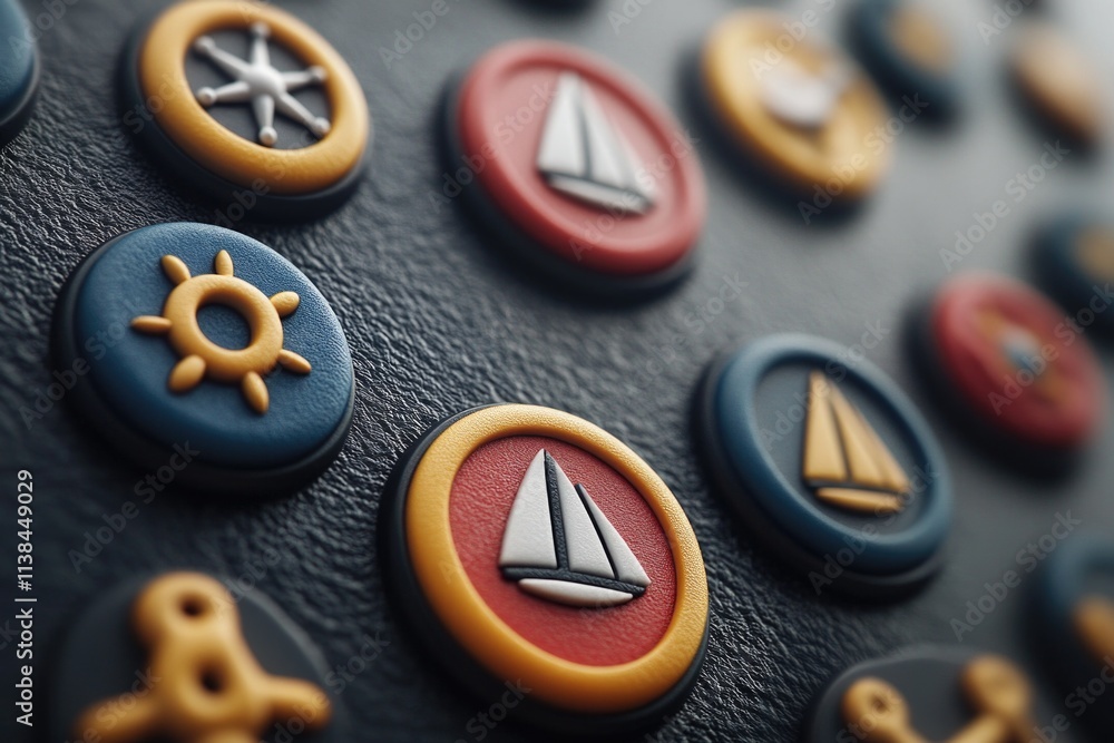 Poster A close-up view of various buttons on a table or work surface