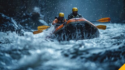Fototapeta premium Two rafters navigate a wild river in a storm.