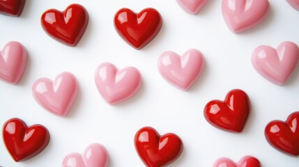 A collection of red and pink hearts arranged on a white surface, perfect for Valentine's Day or romantic designs