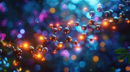A visually stunning representation of a molecular structure with vibrant colors and abstract bokeh background to evoke the essence of scientific exploration and discovery