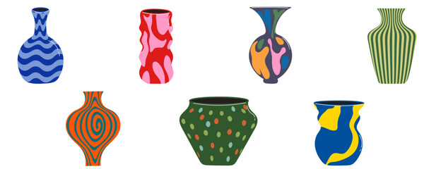 Colorful ceramic cartoon vases and pots with unique patterns. Porcelain jugs, flower vases, and decorative pieces perfect for home styling. A vector-style sticker collection for decoration.
