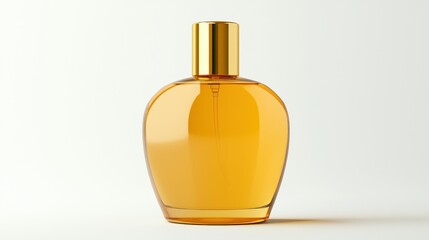 Elegant amber fragrance bottle with golden cap, showcasing a stylish design and rich, warm color against a clean, minimalistic background for enticing product displays