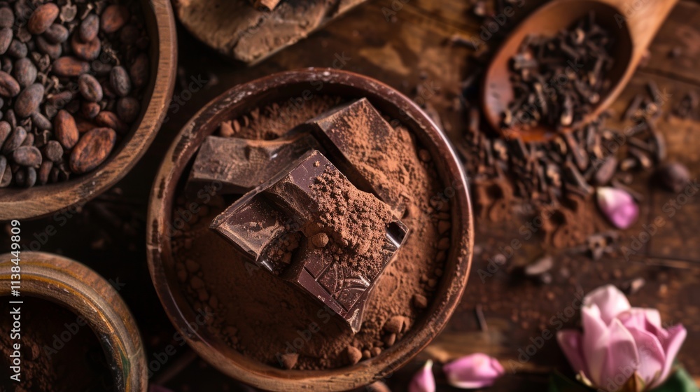 Poster dark chocolate and cocoa beans in a rustic flat-lay arrangement