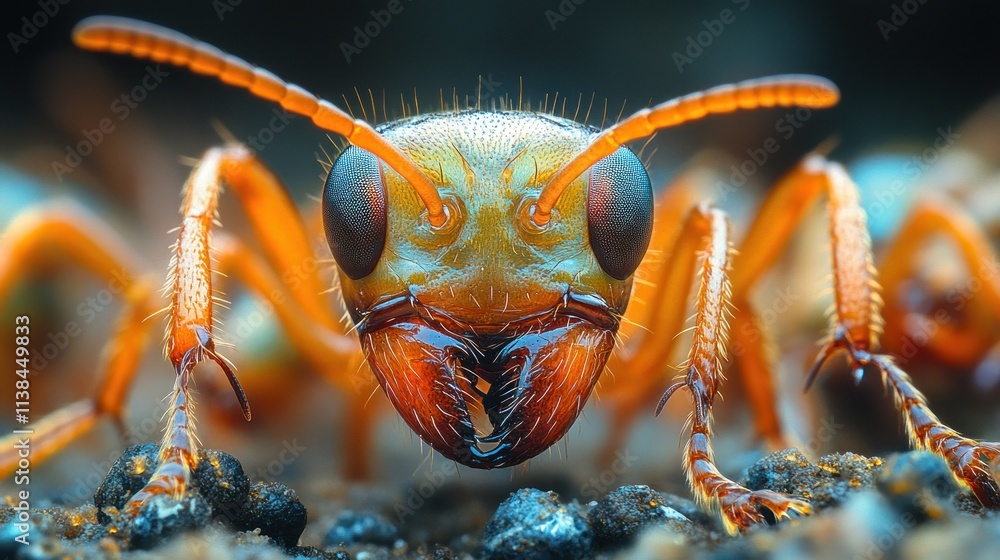 Poster close-up of an ant showcasing intricate details and textures.