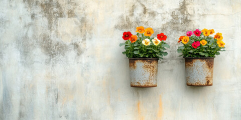Vibrant wall flower planters urban setting decorative art minimalist concrete wall side view nature-inspired wallpaper