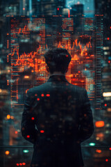 A businessman looking at a digital screen with stock charts and graphs showing upward trends, symbolizing successful investments,