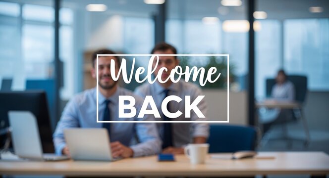 welcome back lettering on blur corporate office background