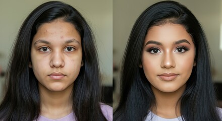 Transformation of young asian female with before and after makeup