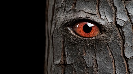 The Eye of the Forest: A single, piercing red eye emerges from the rough bark of a tree, its gaze intense and unsettling.  A haunting image that evokes mystery and the unseen forces of nature.  