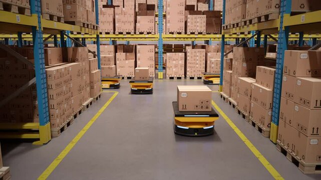 Autonomous AGV robots transporting cardboard boxes in an automated warehouse or distribution logistics center. Smart warehouse automation concept. Realistic high quality 3d rendering animation.