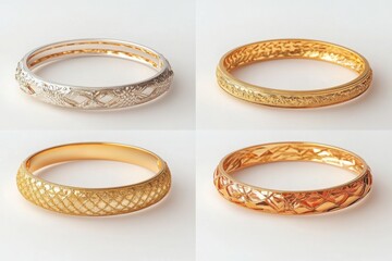 Elegant gold and silver bangles with intricate engravings and detailed textures, displayed against a neutral background, ideal for jewelry catalogs, luxury posters, and bridal presentations.

