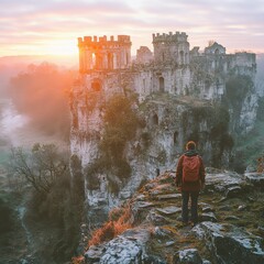 Fototapeta premium Walker exploring the ruins of an ancient castle at sunset