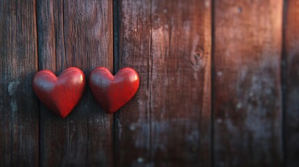 Valentines day background with two red hearts on wooden background, with copy space