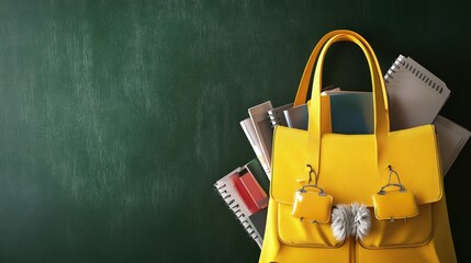 A yellow purse filled with a stack of books