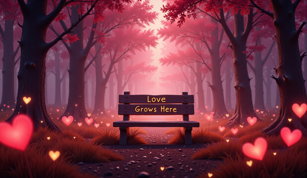 A serene forest bathed in soft pink light with glowing heart-shaped lights, a wooden bench reading "Love Grows Here," and warm romantic vibes filling the peaceful scene.
