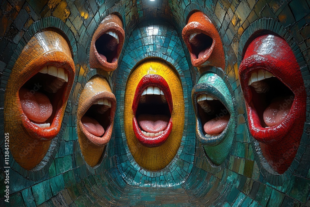 Aufkleber a collection of mouth-shaped sculptures adorn the wall, creating a unique visual display