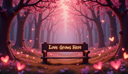 A romantic forest with glowing pink hearts, delicate blossoms, and a wooden bench reading "Love Grows Here," bathed in soft light and surrounded by peaceful, magical scenery.