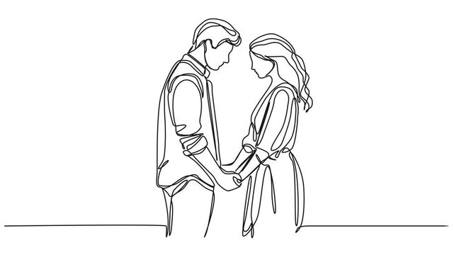 animated continuous line drawing of woman and man holding hands facing each other, line art animation
