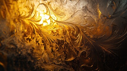 Close-up of intricate frost patterns illuminated by warm light.