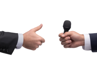 A journalist's hand holding a microphone isolated against a transparent background, ideal for media-related content, interviews, or news reporting themes.