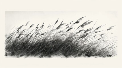 Obraz premium Monochrome drawing of tall grass swaying in wind.