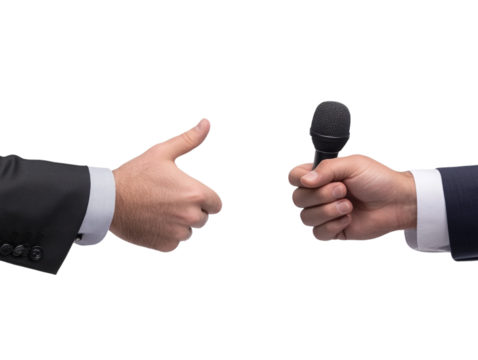 A journalist's hand holding a microphone isolated against a transparent background, ideal for media-related content, interviews, or news reporting themes.