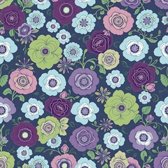 Midnight Bloom: A captivating seamless pattern of vibrant flowers in shades of purple, green, and blue, blooming against a deep navy backdrop. Perfect for textile design, fashion, and home decor. 
