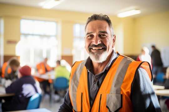Portrait of a male volunteer working in sunny community center