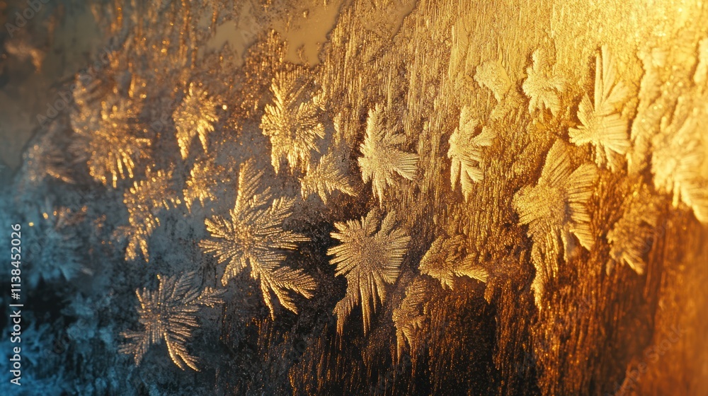 Poster Close-up of intricate frost patterns on a glass surface illuminated by warm and cool light.
