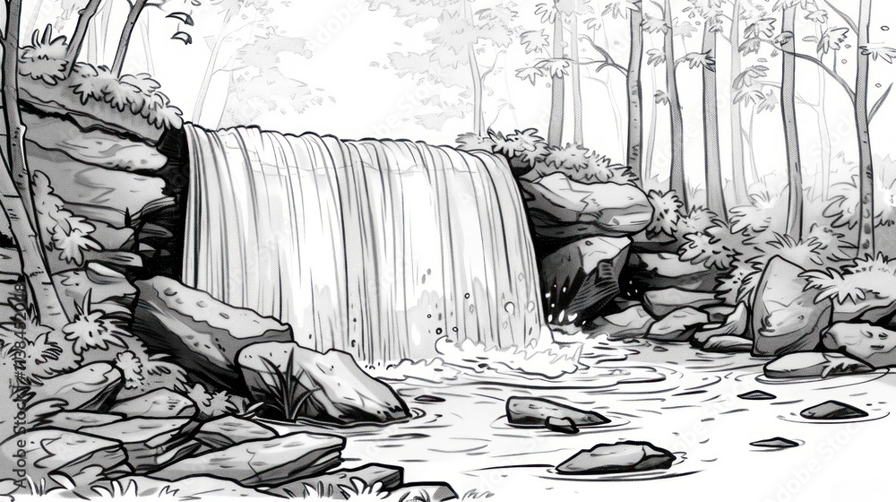 Poster monochrome sketch of a waterfall cascading over rocks in a forest.