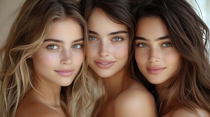 Captivating image of three female models with glowing skin, softly illuminated by natural light in a chic urban setting for a skincare ad, ultra-realistic, photo-realistic, highly detailed, 