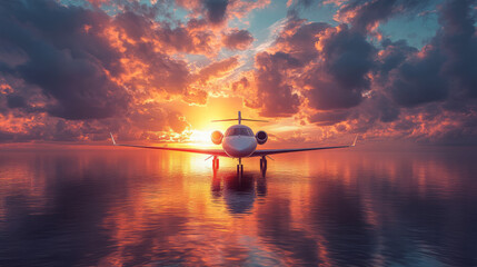 A small private plane descending toward the tranquil waters, the ripples of the water becoming more pronounced as the aircraft nears its landing,