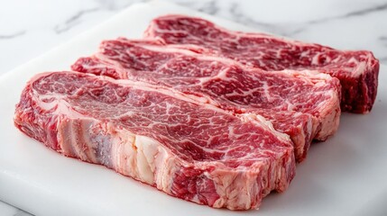 Fototapeta premium Freshly Cut Premium Beef Steak with Intricate Marbling Displayed on a Clean White Cutting Board for Culinary Inspiration and Recipe Ideas