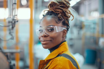 Fototapeta premium Portrait of a happy African American female employee working at a factory