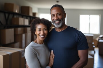 Fototapeta premium Portrait of a smiling middle aged couple in modern home