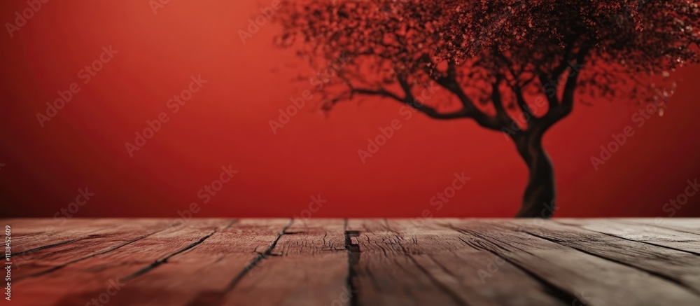 Poster abstract red background with a silhouette of a tree and a rustic wooden table in the foreground crea