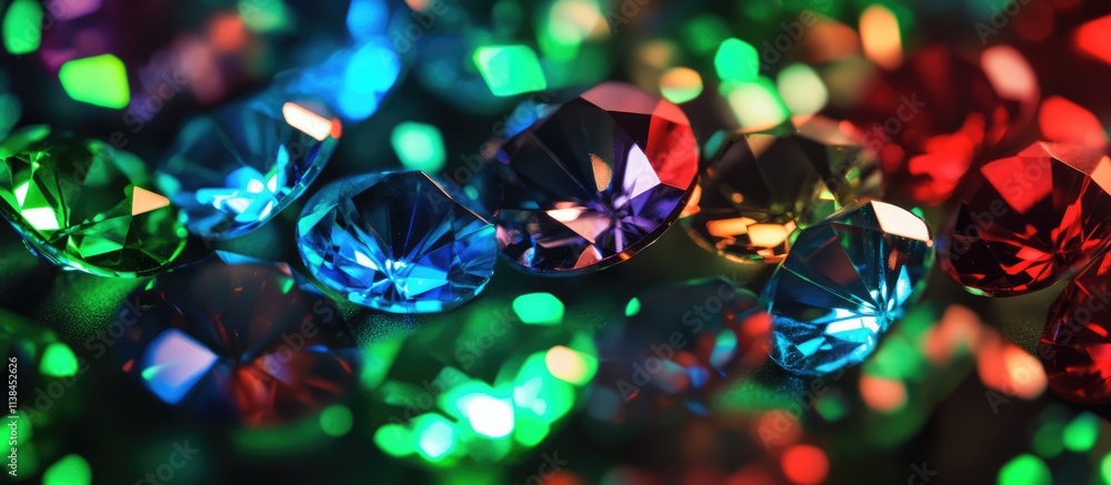 Poster colorful bokeh effect with shimmering gems in green blue and red hues creating a festive and vibrant