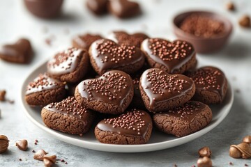 A plate filled with chocolate covered cookies and nuts