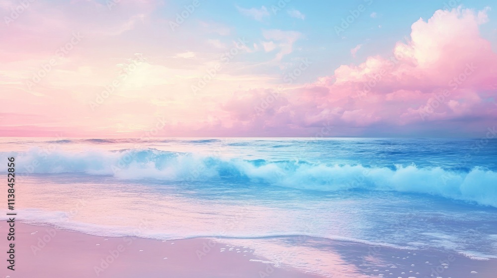 Poster serene pastel ocean waves creating a blurred background for tranquil beach scenes at sunset with col