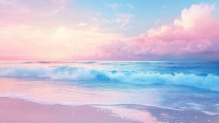 Obraz premium Serene pastel ocean waves creating a blurred background for tranquil beach scenes at sunset with colorful skies and soft clouds.