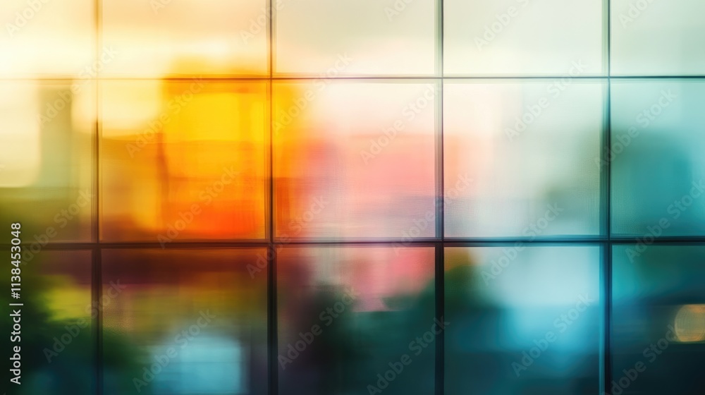Poster blurred window reflection in modern office interior with soft color gradients and subtle urban lands