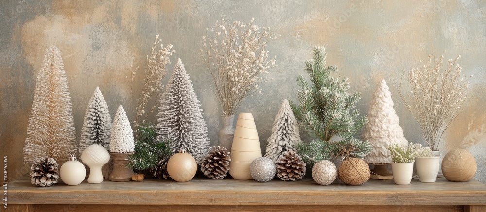 Poster charming vintage tree decorations arranged on a rustic wooden table with a soft retro background for
