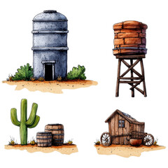 Rustic Water Towers and Desert Landscapes with Cacti and Old Wooden Cart Illustrations