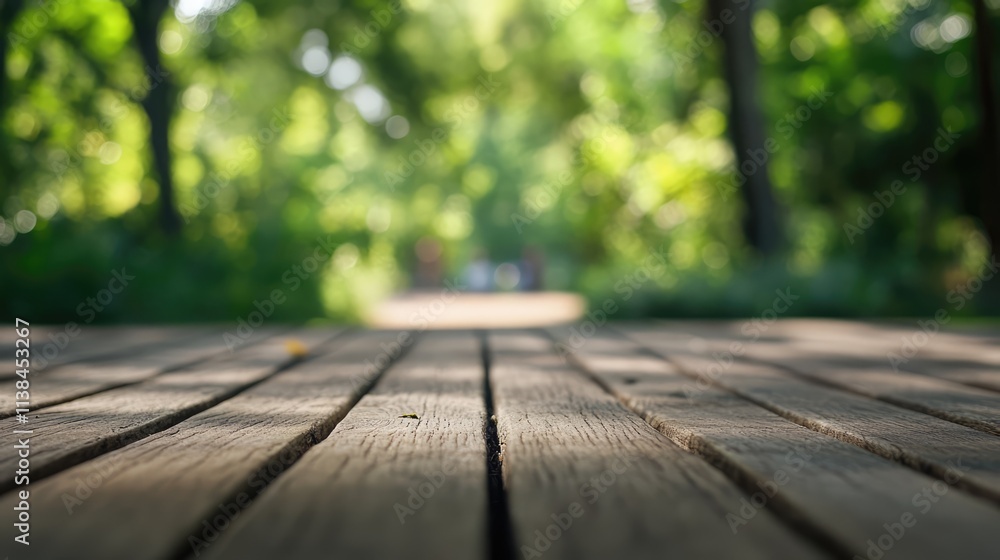 Poster wooden table with blurred green background and soft-focus bokeh effect creating a serene outdoor atm
